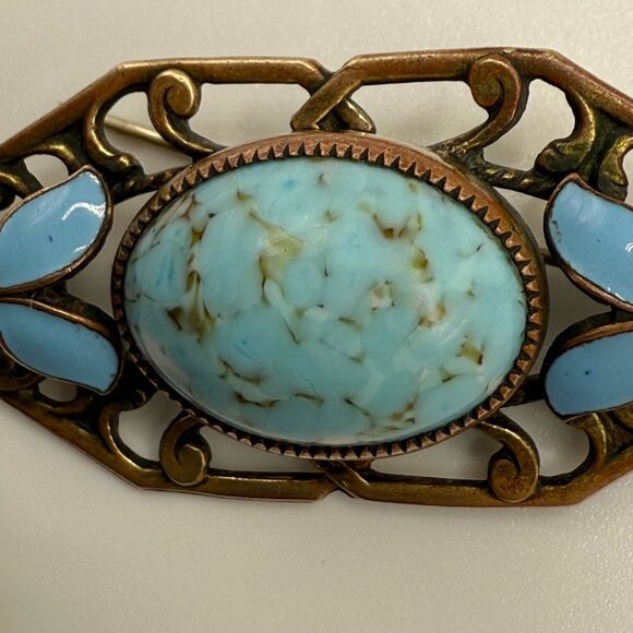 Turquoise brass brooch vintage source unknown - Picture 11 of 13